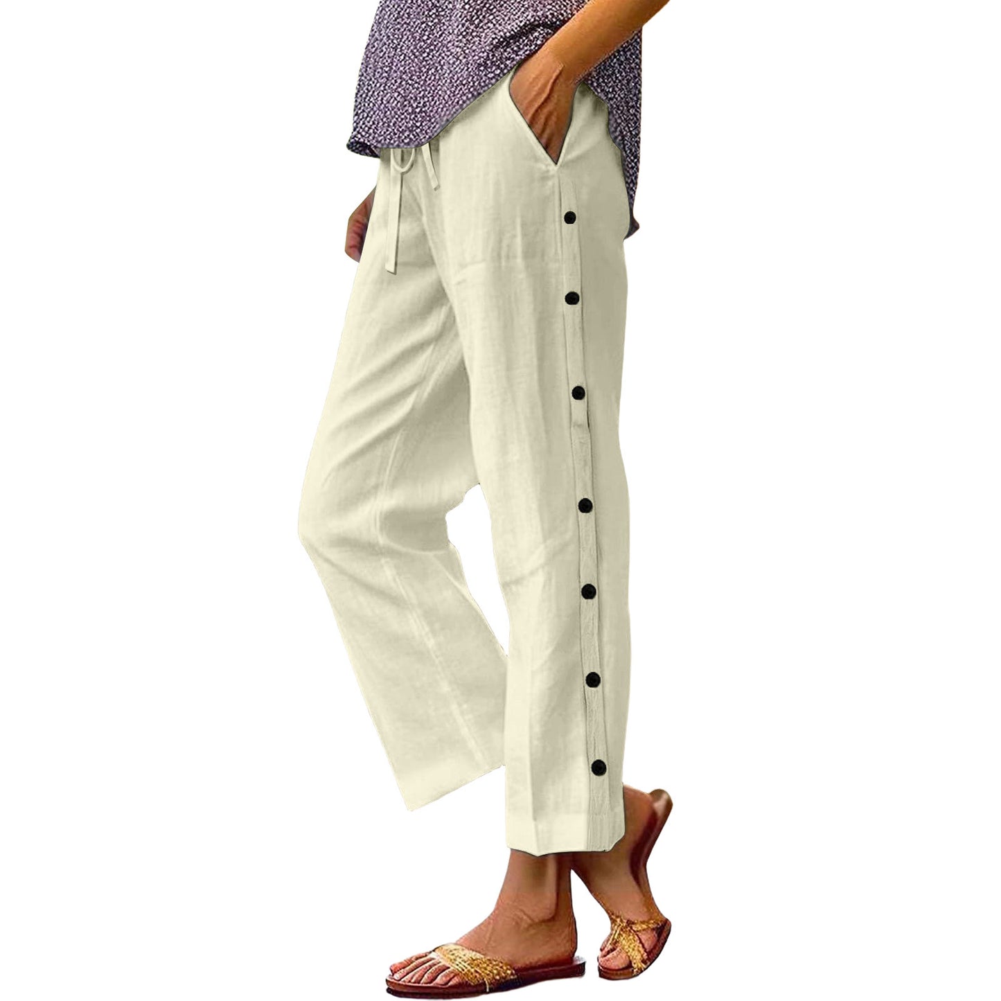 Women's Cropped Side Seam Decorative Buckle Pocket High Waist Pants