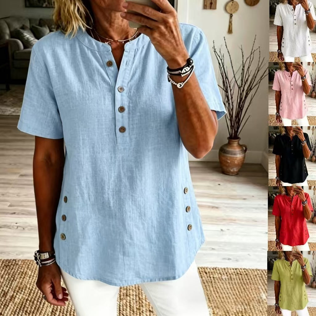 Women's Collar Half Sleeve Side Breasted Loose Casual Women's T-shirt
