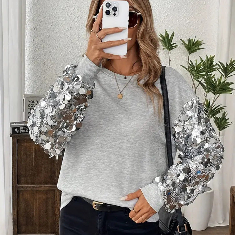 Women's Fashion Sequin Stitching Long-sleeved Shirt Casual Blouse