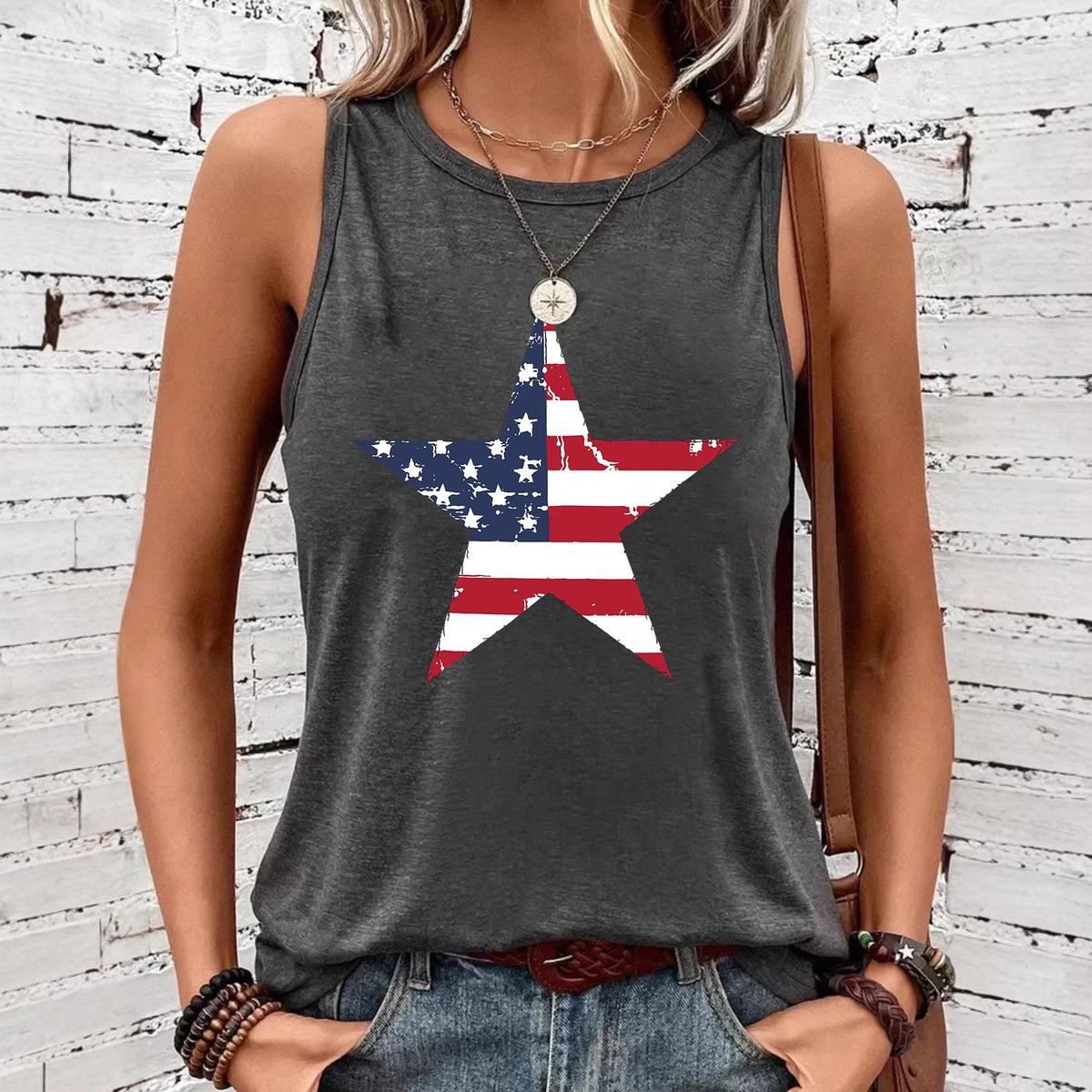 Women's Sleeveless Five-pointed Star Flag Printed Sling Backless Sexy Loose Vests