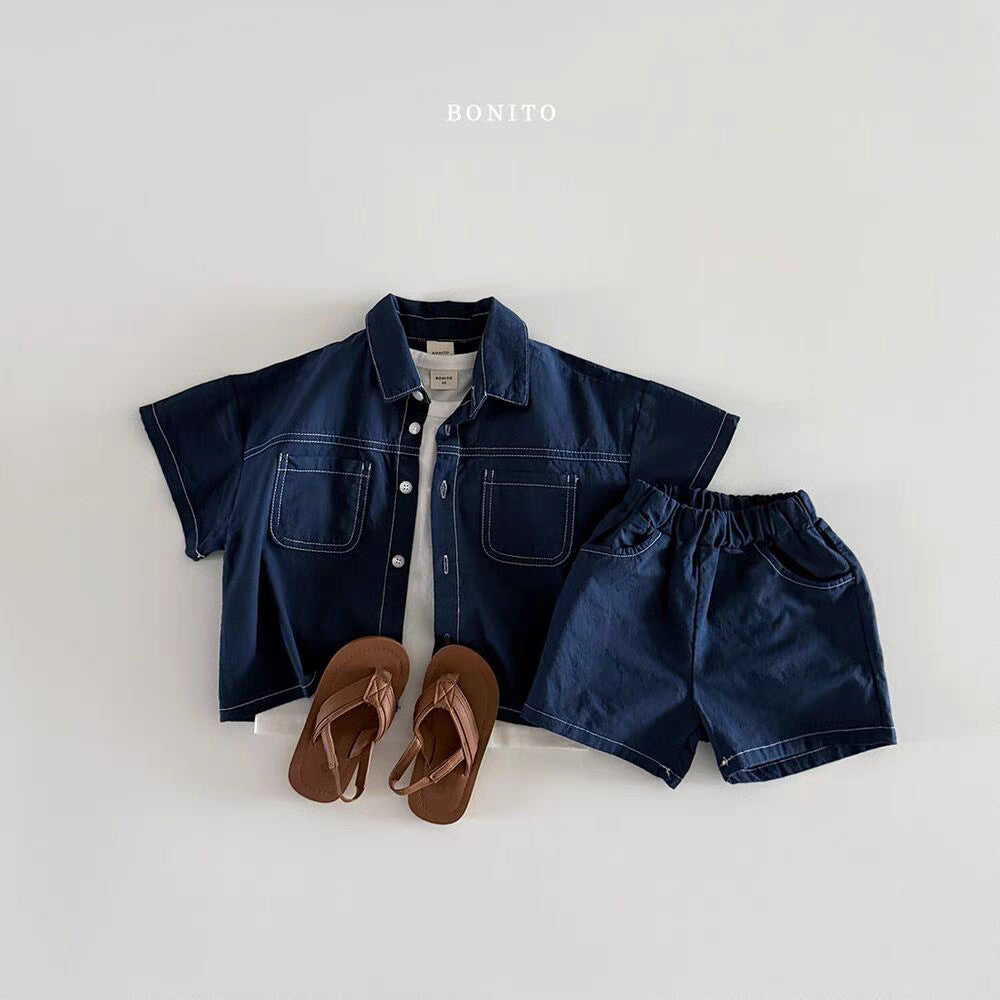 Children's Korean Style Summer Clothing Boys Trendy Soft Denim Bright Line Children's Suit