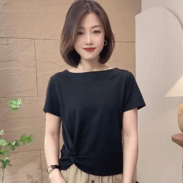 Women's Shirt Sleeve Pleated Solid Color Round Neck Fashion Wear Women's T-shirt