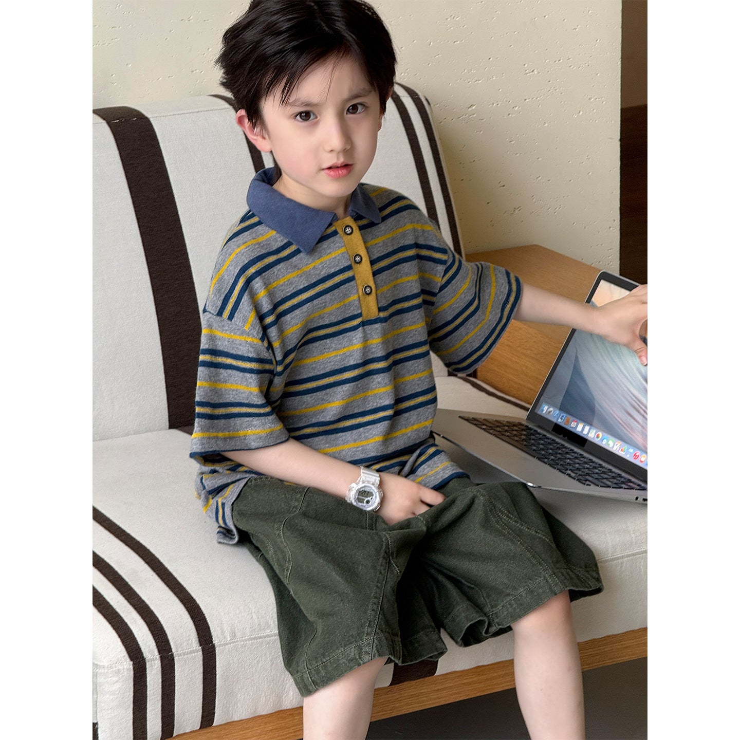 Children's Summer Korean Style Retro Contrast Color Striped Short Sleeve Casual Children's T-shirt