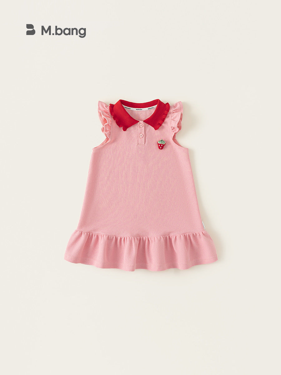 Summer Contrast Color Lapels Vest Strawberry Lace Sleeve Children's Dress