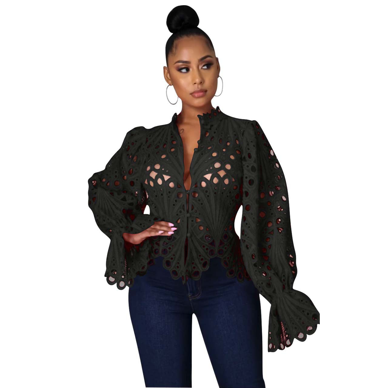 Women's Ripped Sexy Flare Sleeve Breathable Knitted Blouse