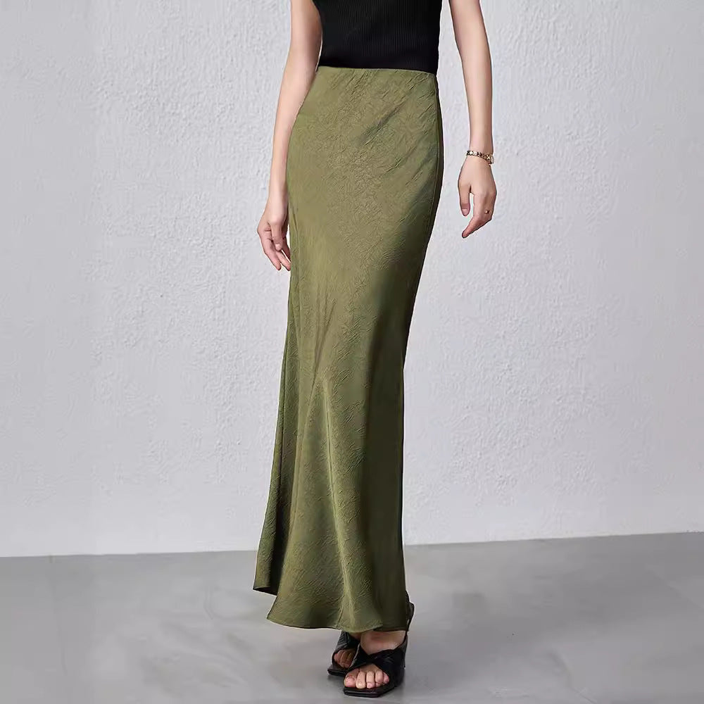 Women's High Waist Elastic Hand-held Pattern Long Elegant Solid Skirt