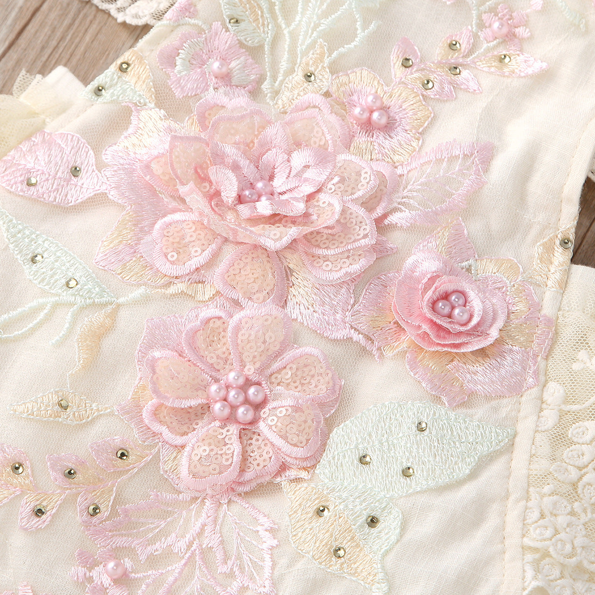 Children's Short Lace Mesh Flounced Sleeve Embroidered Pearl River Delta Jumpsuit, Climbing Suit