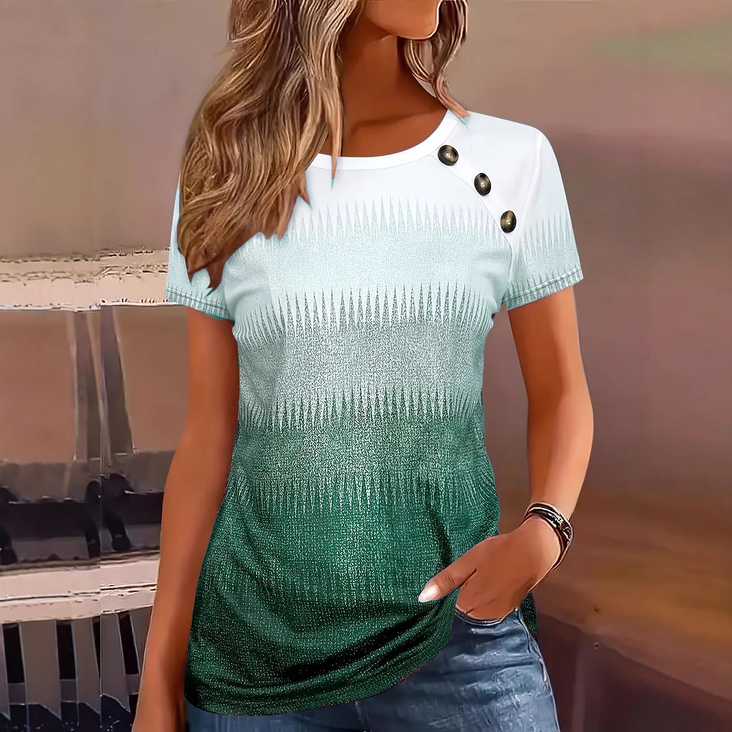 Women's Summer Striped Contrast Color Button Round Neck Shorts