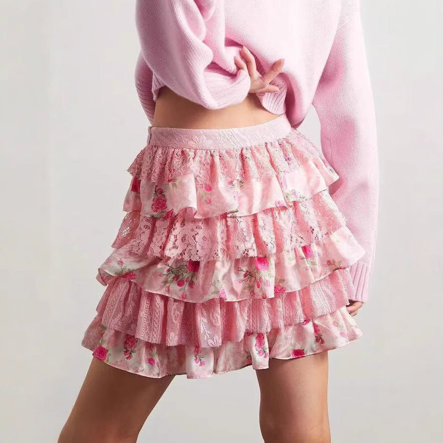 Women's Natural Plant Floral Print Lace Cake Skirt