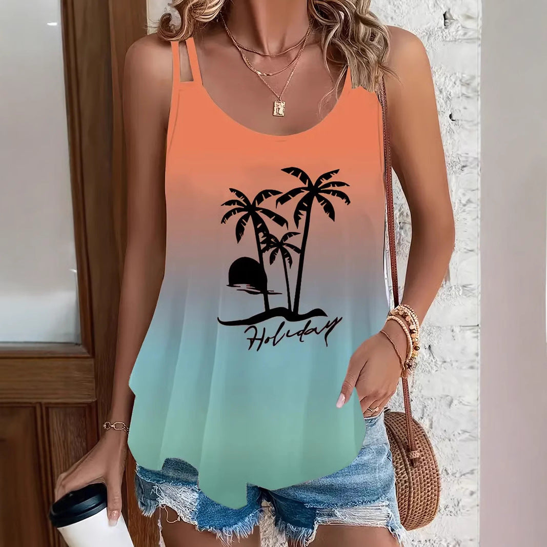 Women's Round Neck Gradient Printing Sleeveless Shoulder Large Size T-shirt