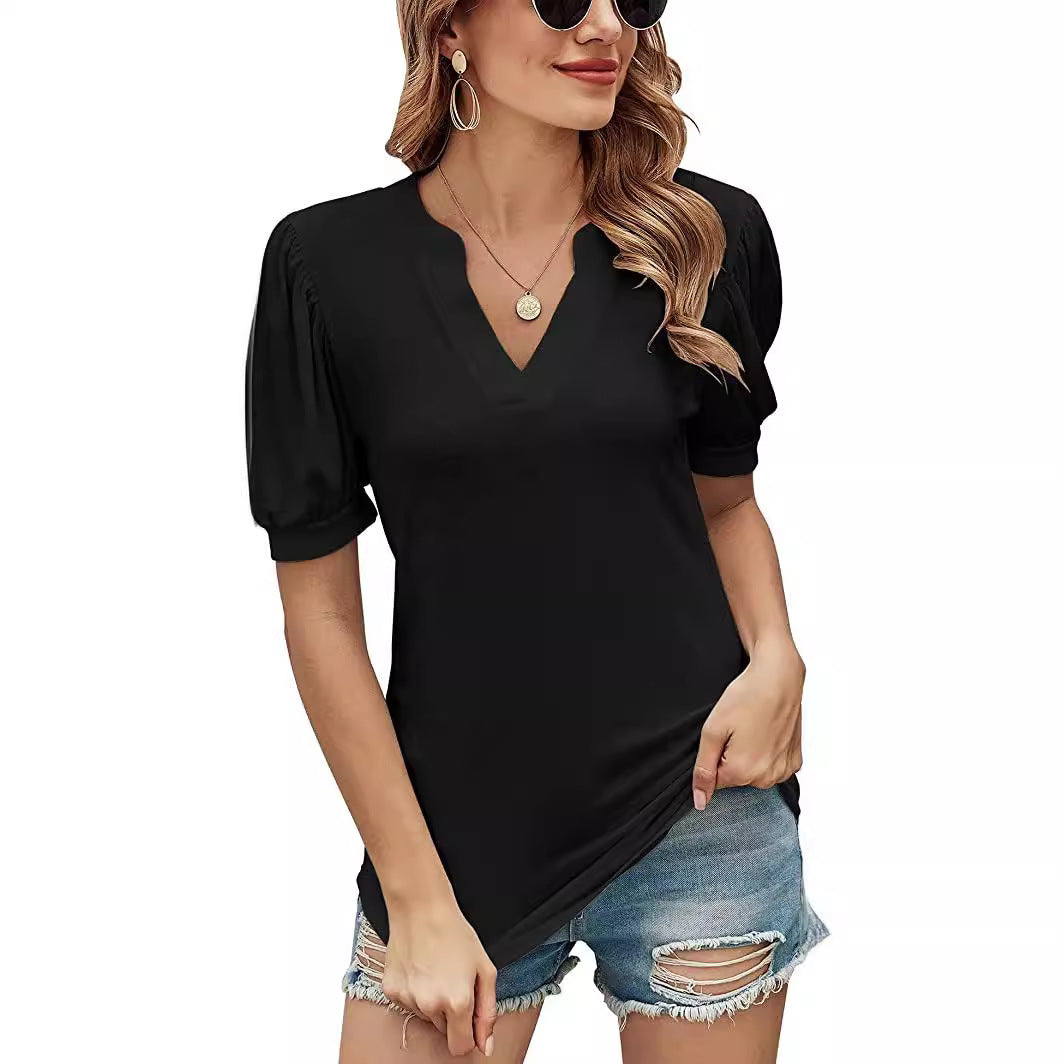 Women's Summer Casual Solid Color Puff Sleeve Tops