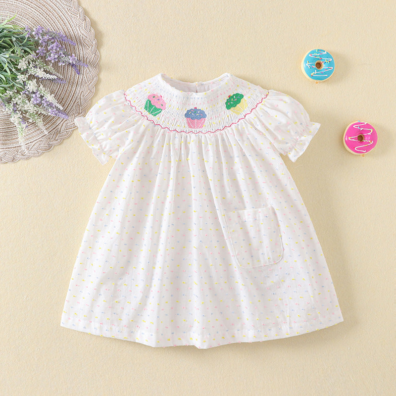 Summer Smocking Puff Sleeve Colorful Cotton Cake Embroidery Korean Children's Dress