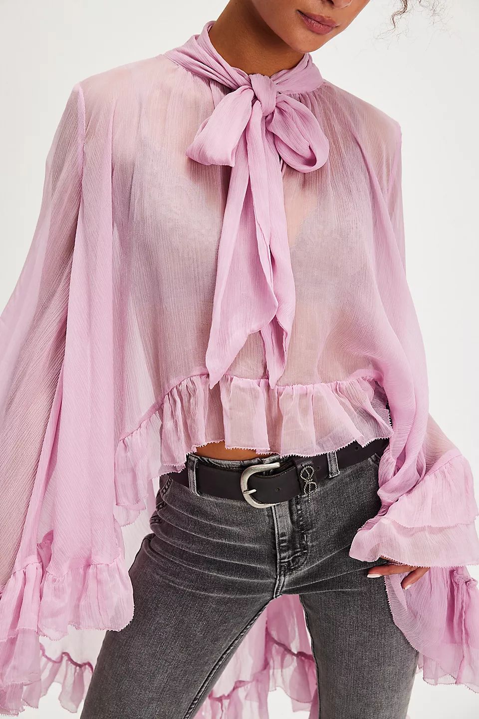 Oversized Swing Bow Tie Belt Printed Lantern Sleeve Personalized Lace Shirt, Chiffon Shirt
