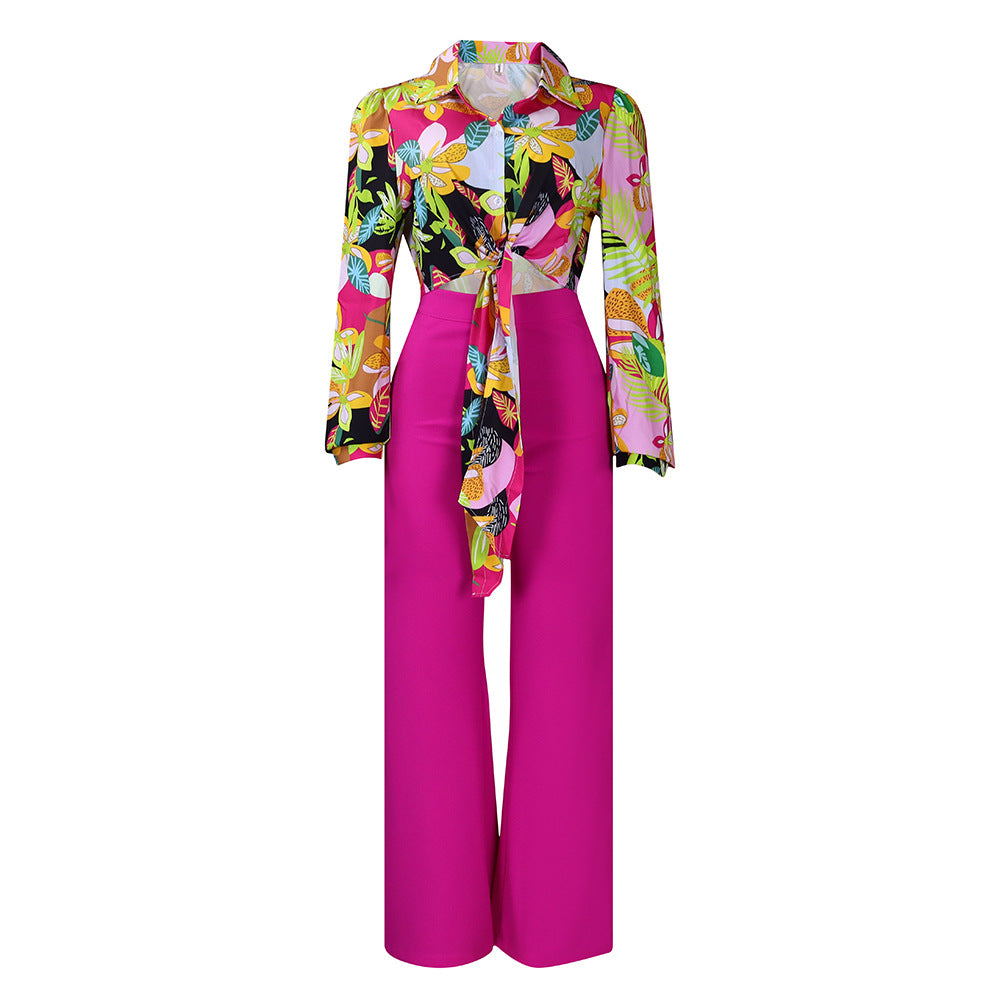 Women's Autumn Print Lapel Long Sleeve Shirt Wide Leg Two-piece Fashion Casual Suit