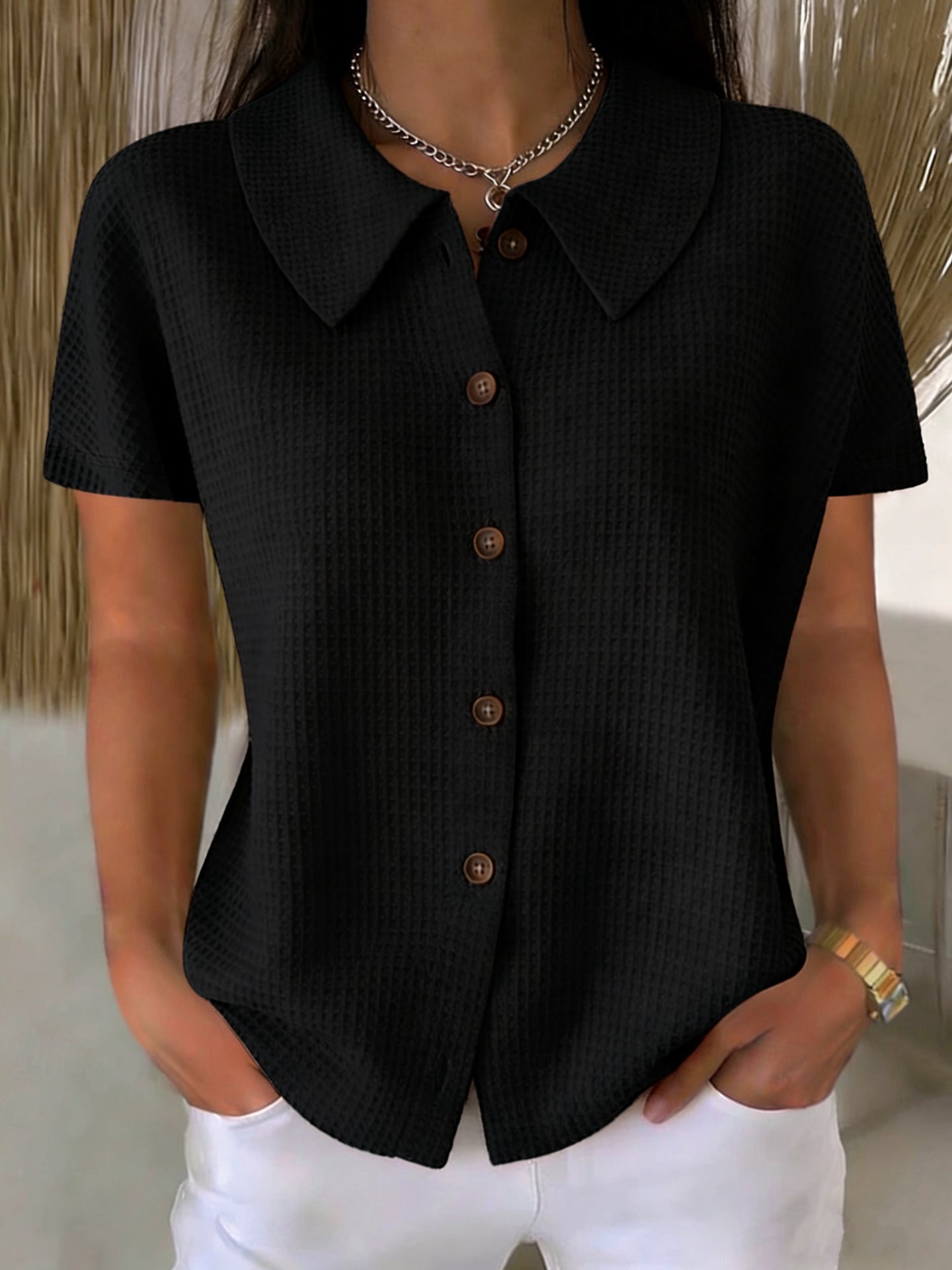 Fashion Elegant Lapel Waffle Solid Color Casual Sleeve Shorts