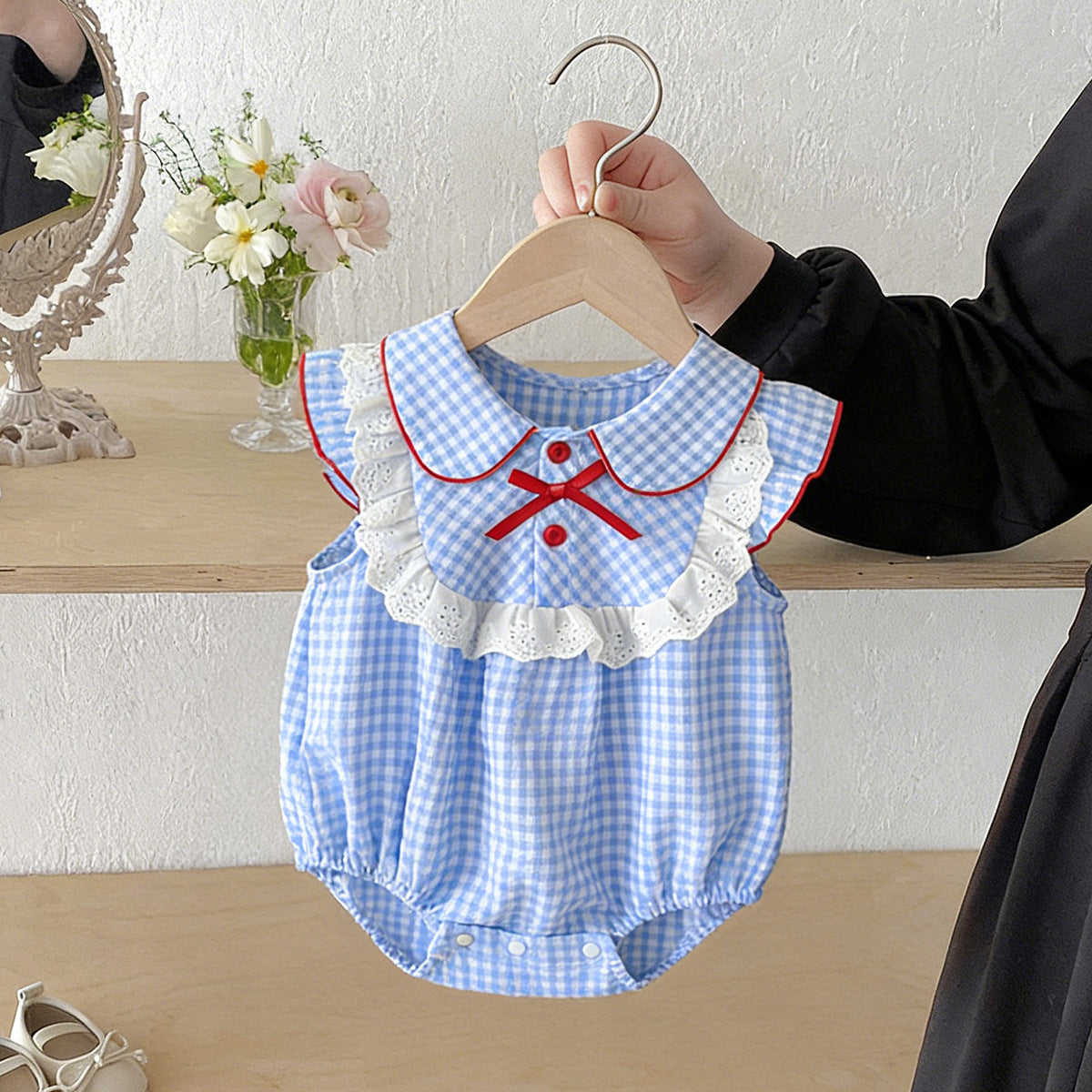 Summer Preppy Style Blue White Plaid Stitching Lace Flounced Jumpsuit, Climbing Suit
