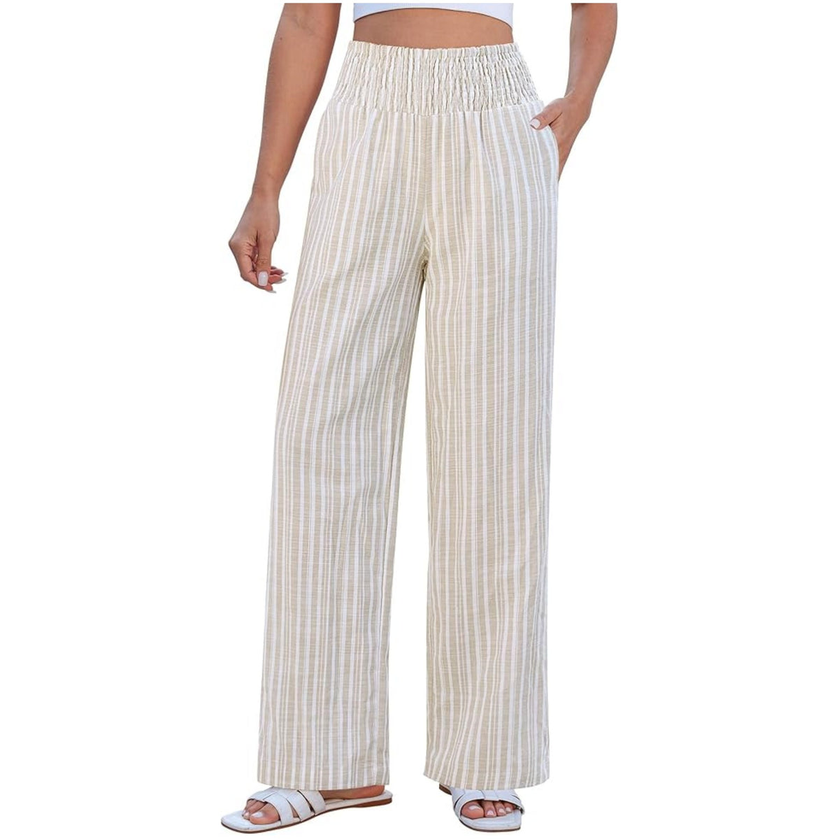 Women's Striped Loose Smocking High Waist Casual Pants
