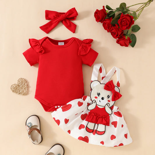 Cute Cartoon Bear Love Solid Color Short Sleeve Top Suspender Children's Suit
