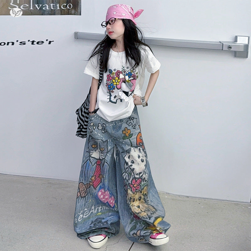 Printed Short-sleeved Jeans Korean Cartoon T-shirt Iti Pants Children's Suit