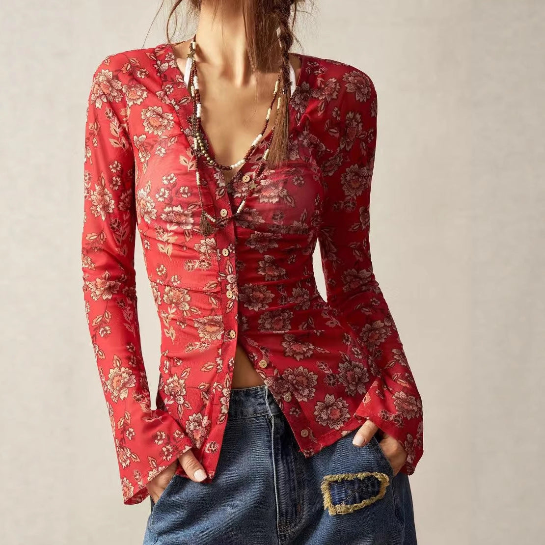 Women's Summer Mesh Floral Print Shirt Slim Fit Slimming Retro Temperament Blouse