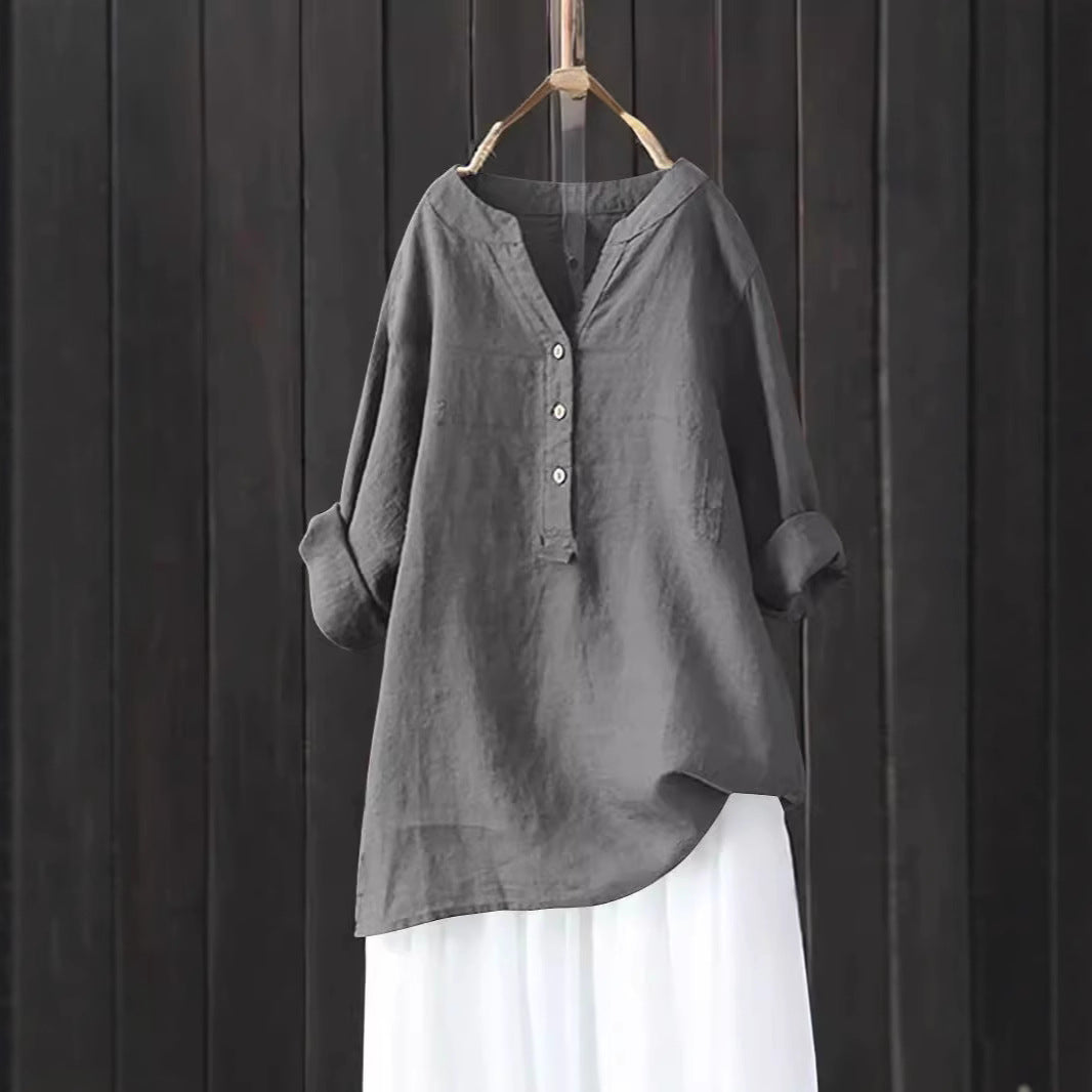 Women's Loose Solid Color Shirt Cotton Linen Pocket Long Blouse