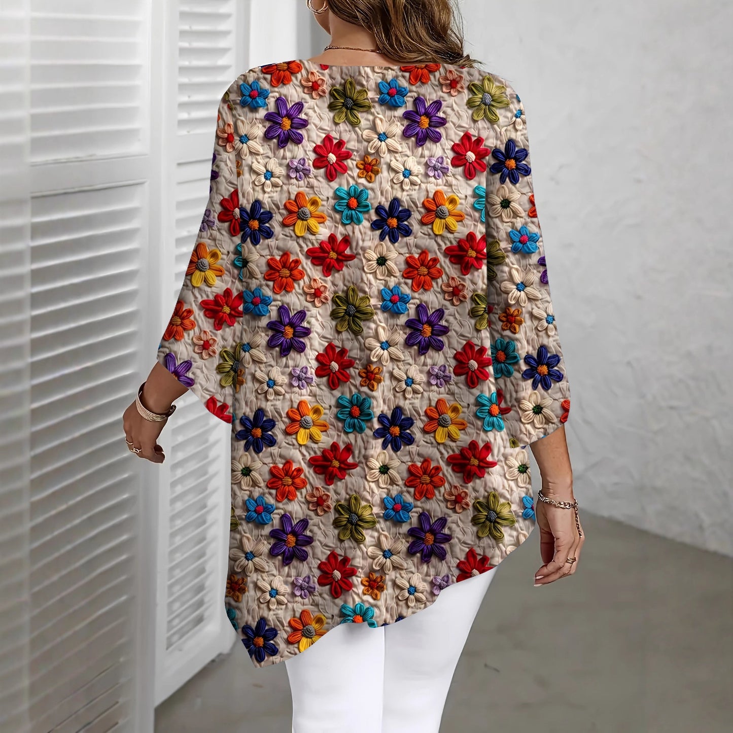 Summer Casual Flower Print Round Neck Large Size T-shirt