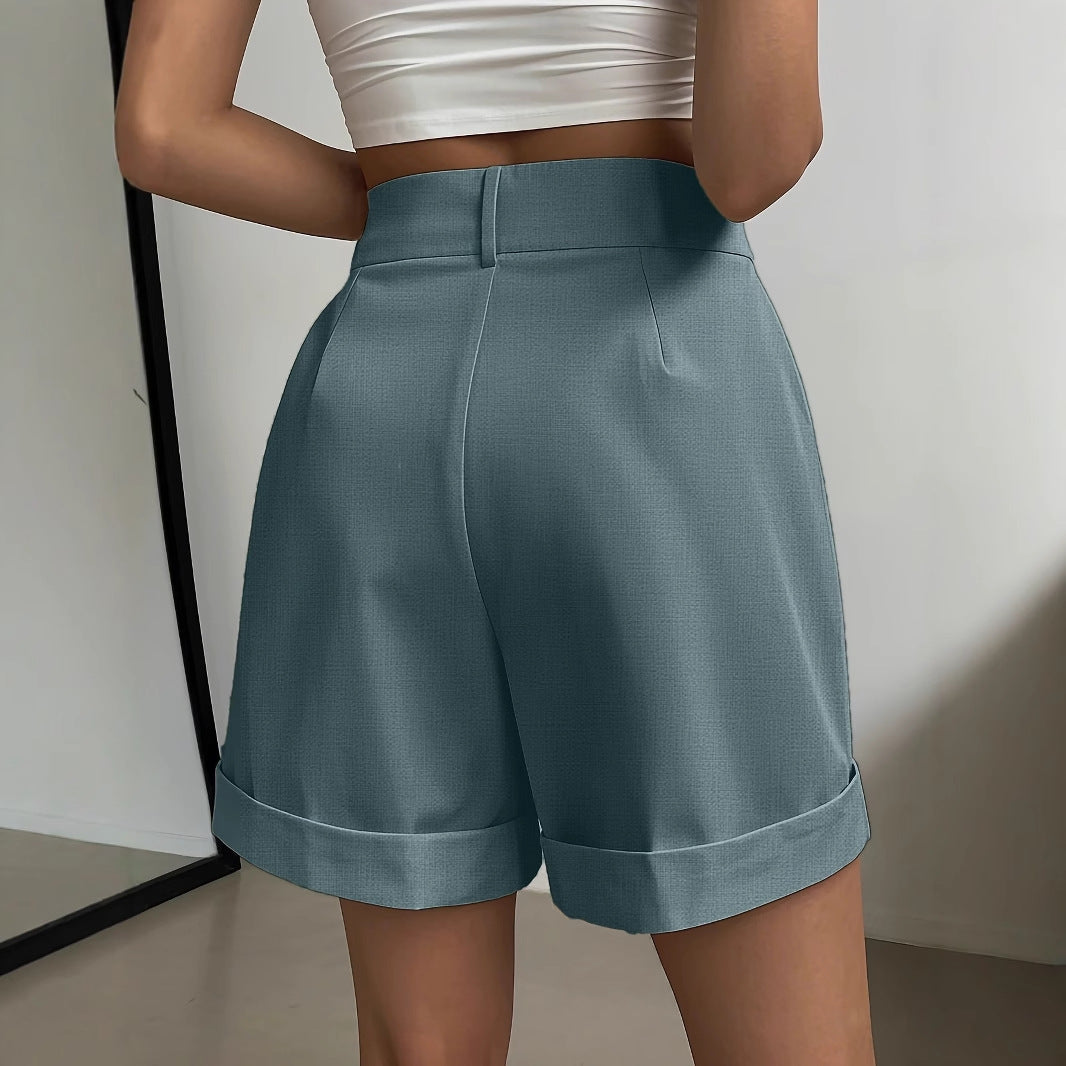 Elastic Waist Wide Leg Knee-length Summer Ladies Belt Pocket Casual Pants