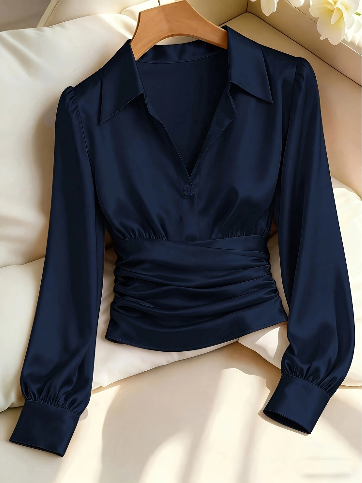 Women's Satin Lapel Shirt Autumn Waist Pleated Elegant Burgundy Collar Puff Blouse