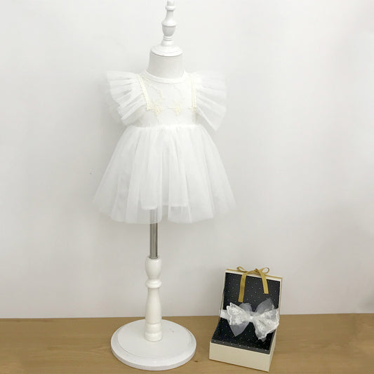 White Lace Patchwork Skirt Full Moon Year Banquet Princess Mesh Children's Dress