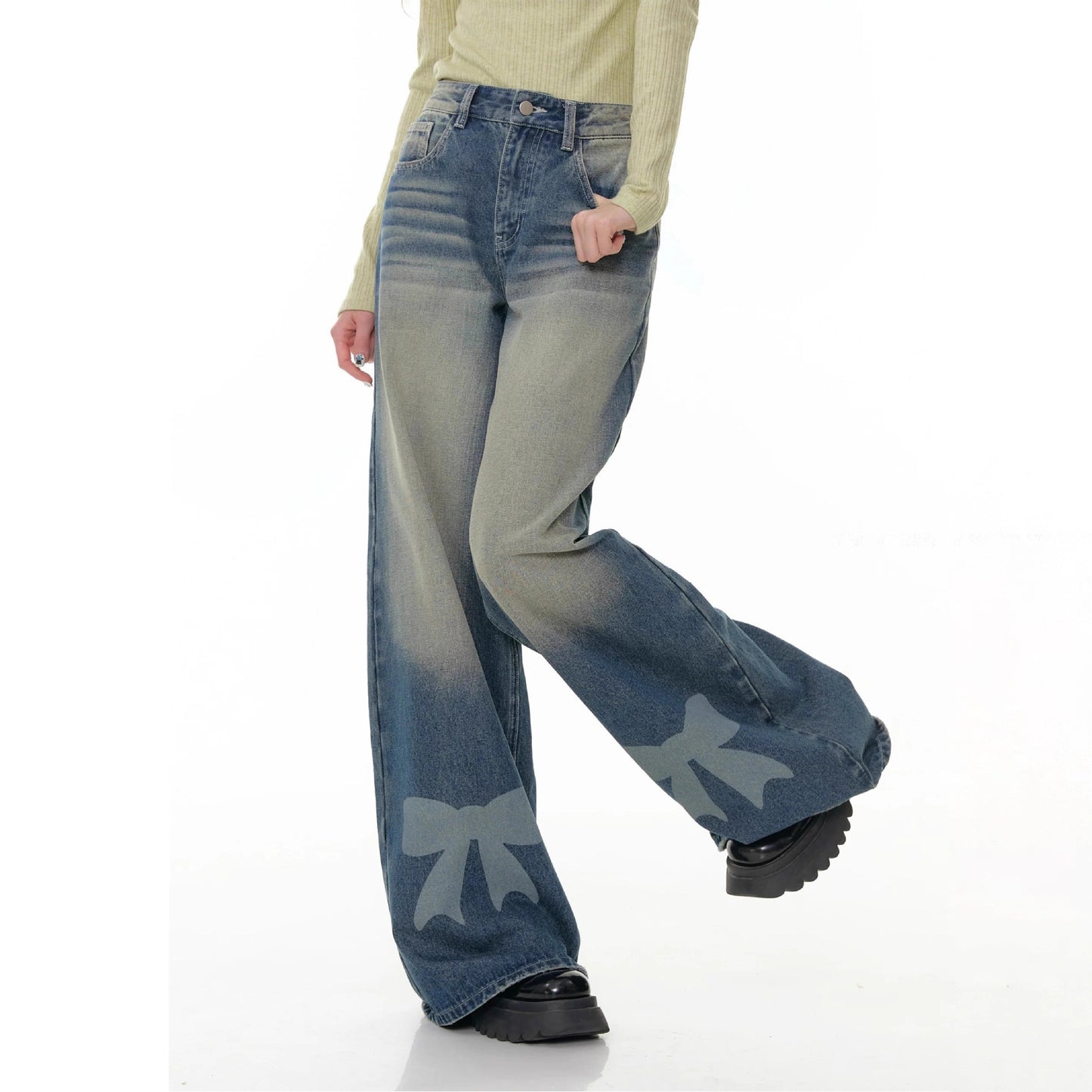 Women's Wide Leg Bow Print Washed Denim Trousers Women's Jeans
