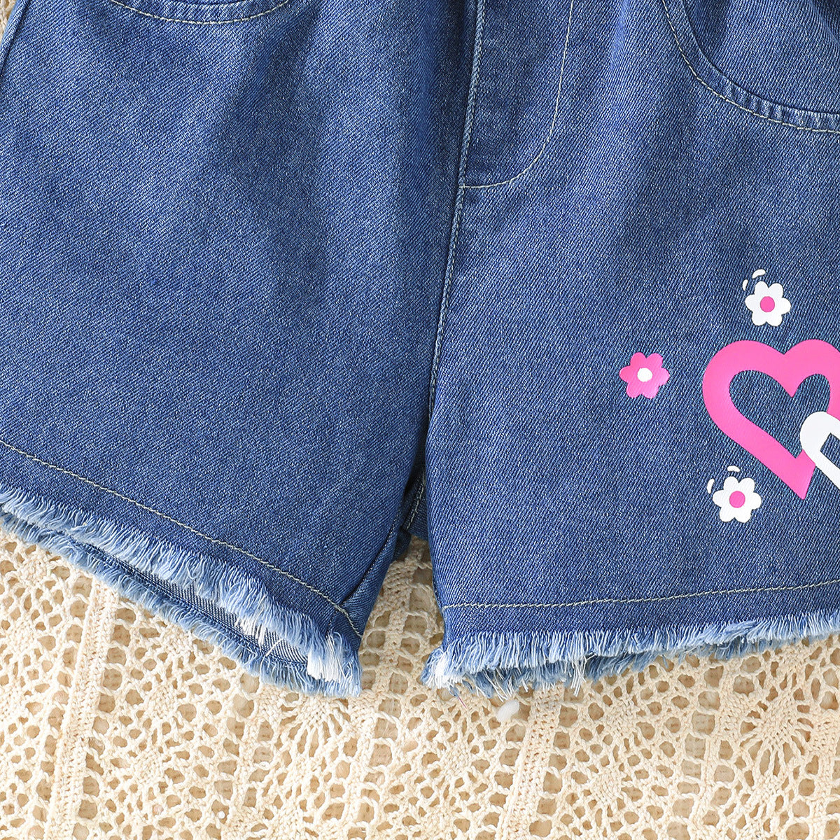 Summer Wear Pure Color Ruffles Top Love Denim Children's Suit