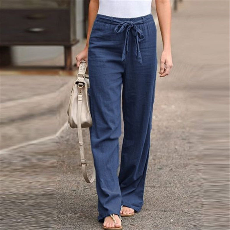 Women's Summer Elastic Waist Solid Color Cotton Linen Belt Wide Pants
