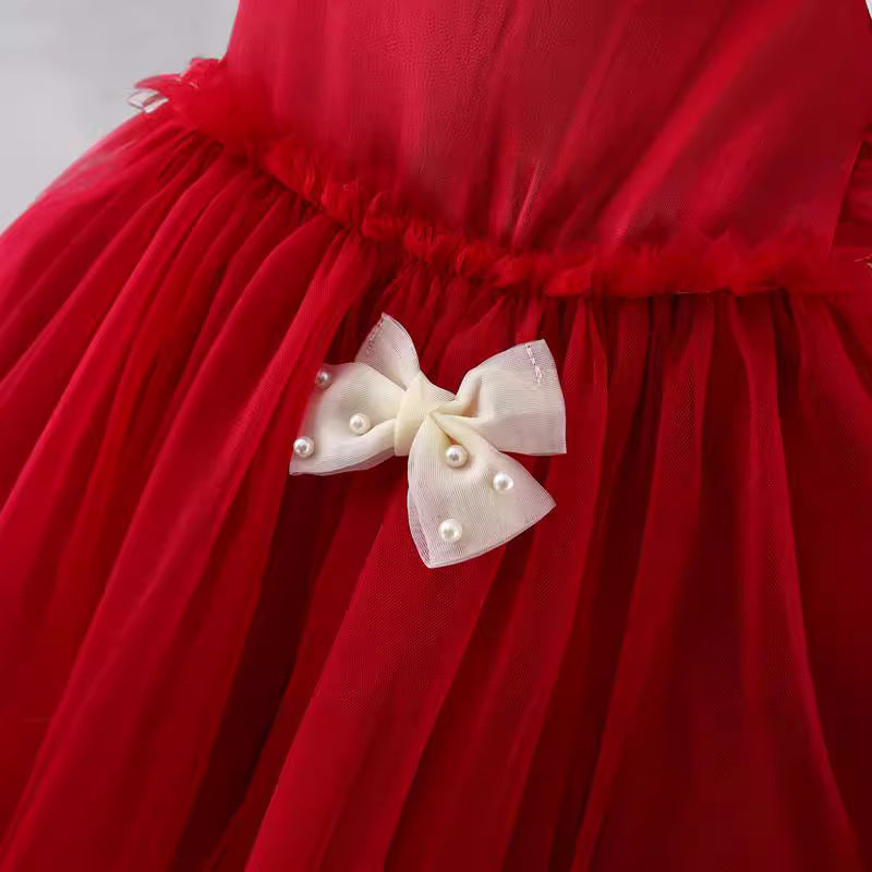 Children's Summer Twilight Yarn Flounced Sleeve Princess Bow Children's Dress