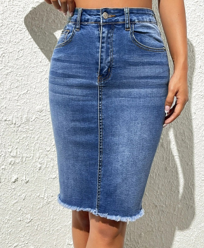 Stretch High Waist Frayed Denim Package Skirts