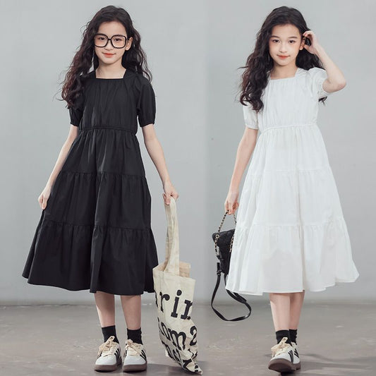 Children's Summer Solid Color Korean Style Fashionable Princess Medium Big Square Children's Dress
