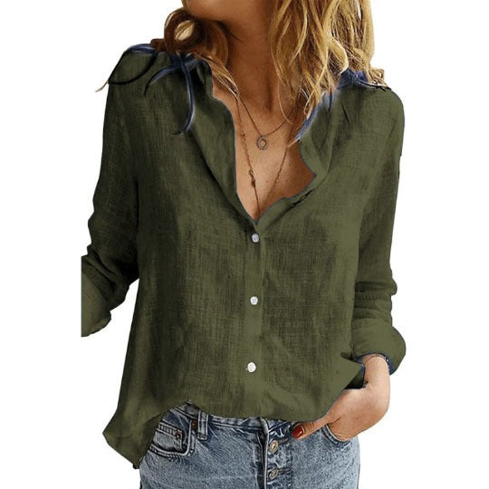 Women's Casual Loose Long-sleeved Linen Shirt Sleeved Blouse