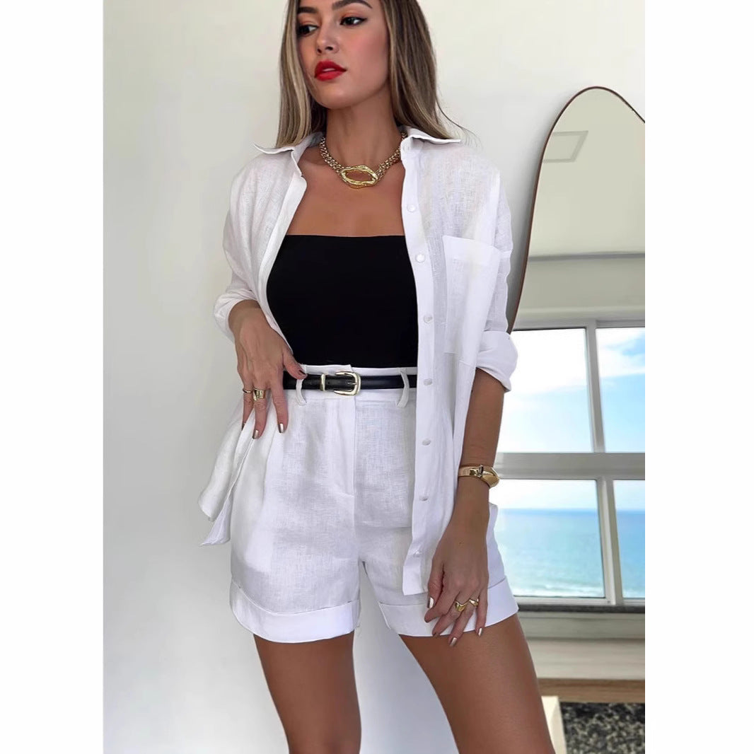 Women's Solid Color Long Sleeve Shirt Belt Fashion Casual Suit