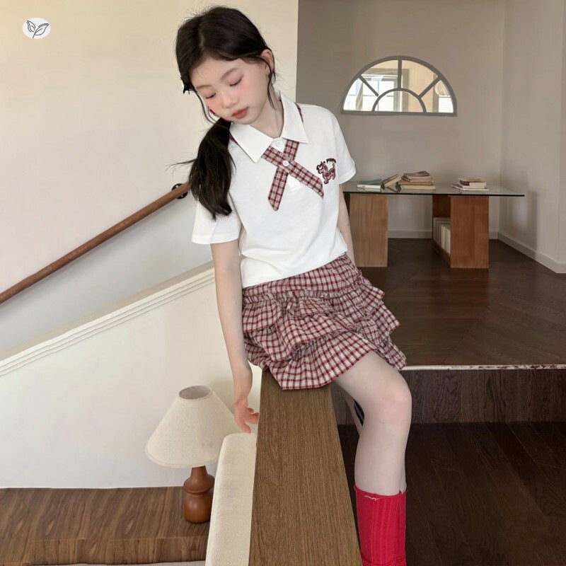 Summer College Plaid Skirt Outfit Tie Collar Short Sleeve T-shirt Children's Suit