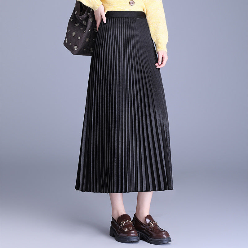Pleated Autumn High Waist Mid-length Long Dress Temperament Drape A- Skirt