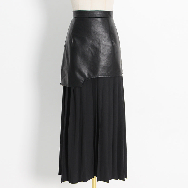 Women's Korean Style Leather Stitching Contrast Colors Skirts