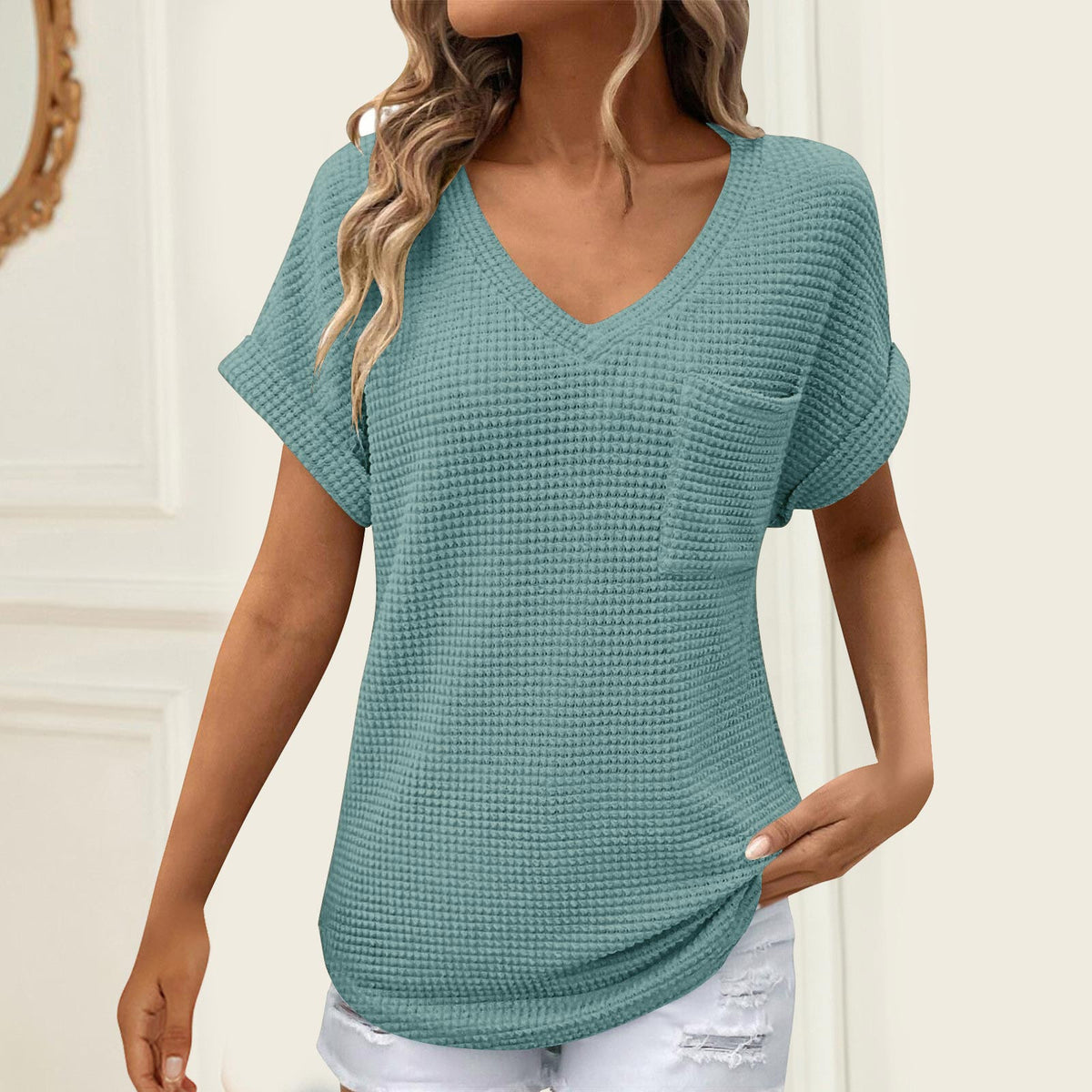 Women's Collar Summer Waffle Pocket Sleeve Women's T-shirt