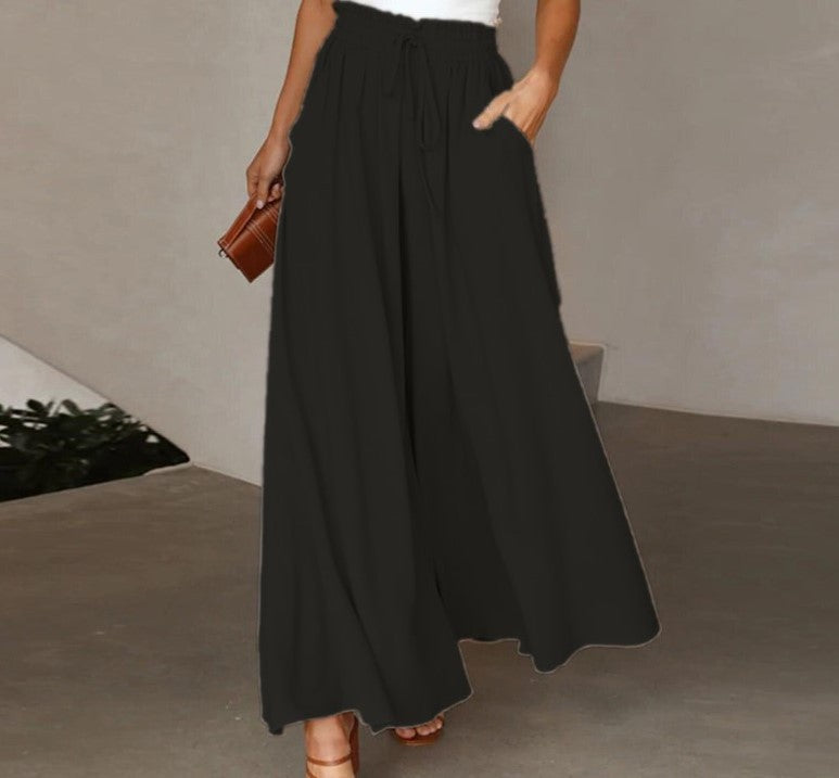 Women's Summer Elastic Waistband Wide Leg High Waist Long Culottes Casual Pants