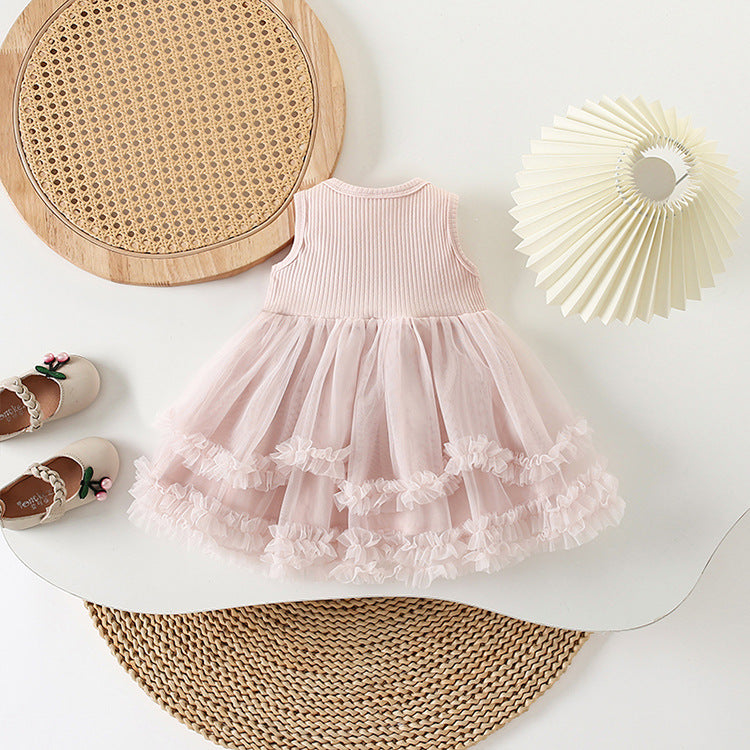 Style Pink Mesh Vest Skirt Summer Ocean Bow Cute Children's Dress