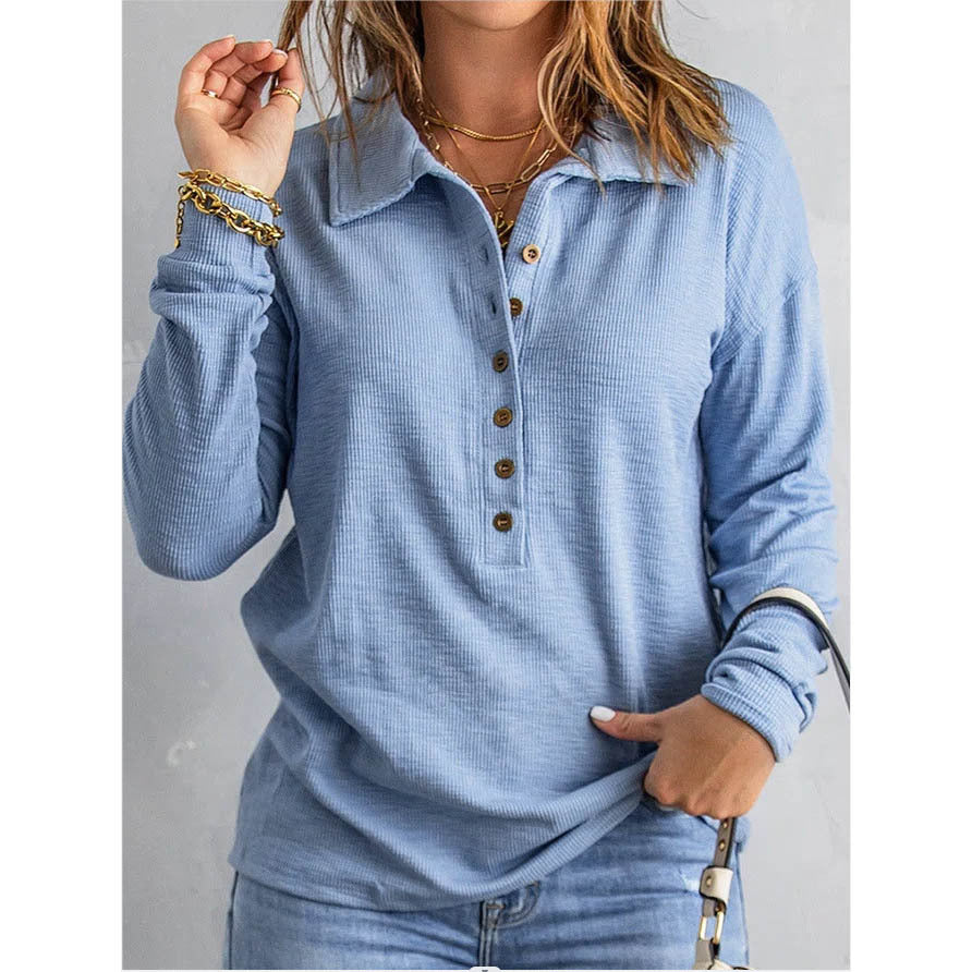 Women's Solid Color Single-breasted Lapel Long Sleeve Loose Casual Women's T-shirt