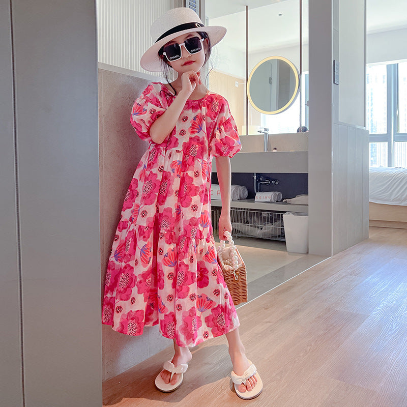 Children's Big Flower Summer Loose Western Style Korean Floral Lazy For Children's Dress