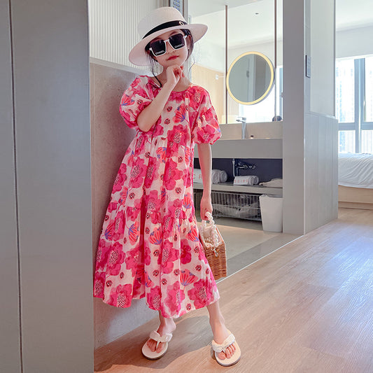Children's Big Flower Summer Loose Western Style Korean Floral Lazy For Children's Dress