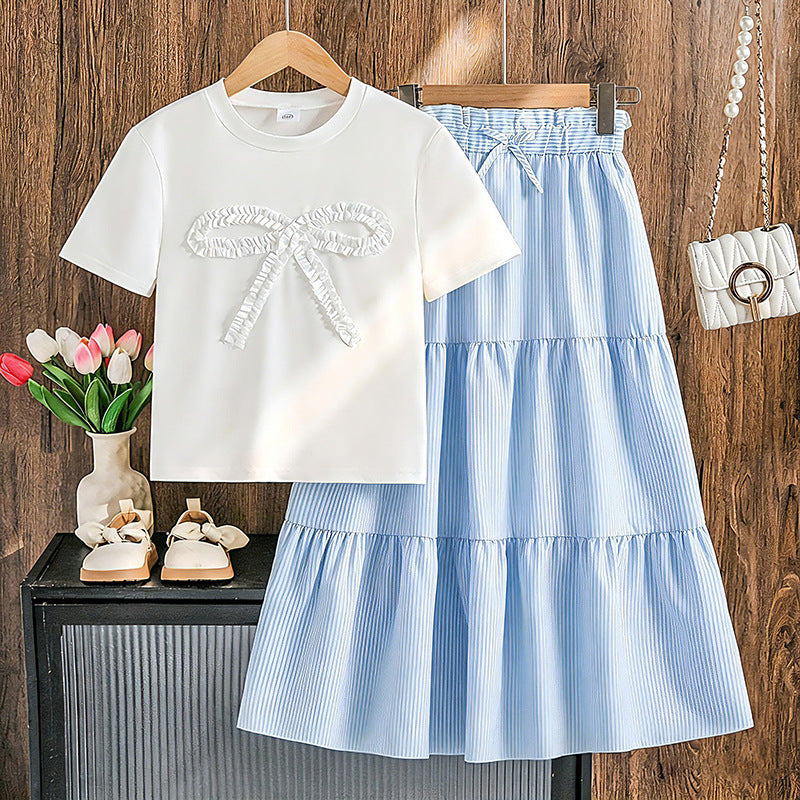 Bow Short-sleeved Shirt Bohemian Style Tiered Children's Suit