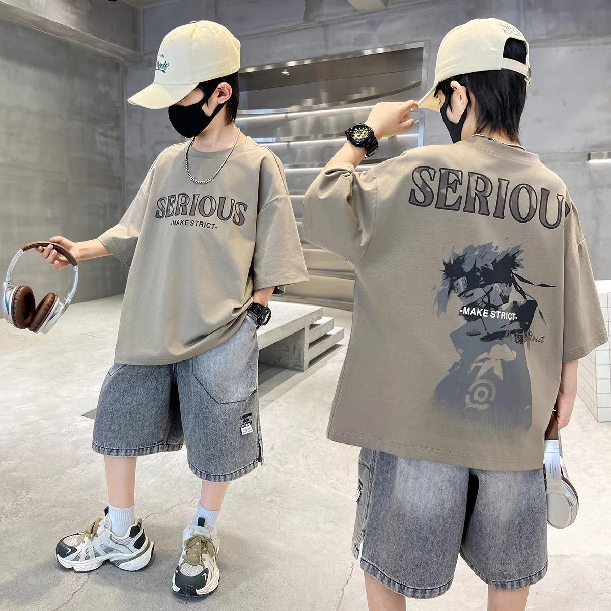 Summer Wear Fashion Medium Big Handsome Cartoon Children's Suit