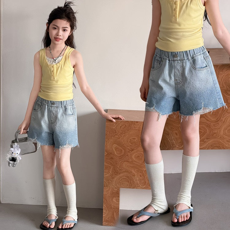 Rhinestone Gradient Denim Shorts Korean Style Ripped Slimming Children's Pants