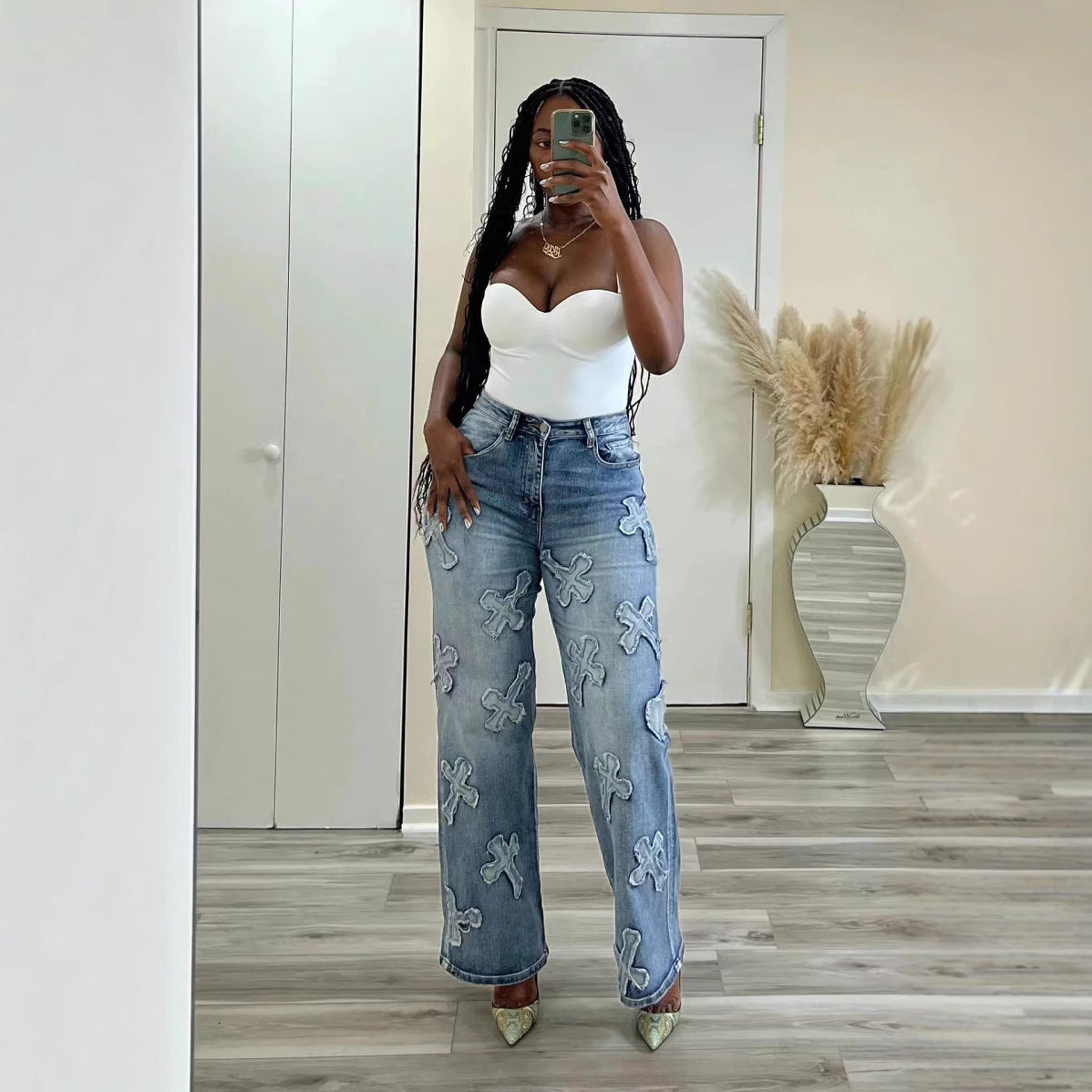 Women's Vintage Washed Denim Tassel Cross Patch Women's Jeans